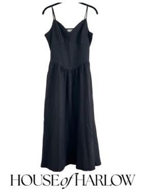 House of Harlow 1960 | Black Linen Midi Dress Strappy Minimal - Size M